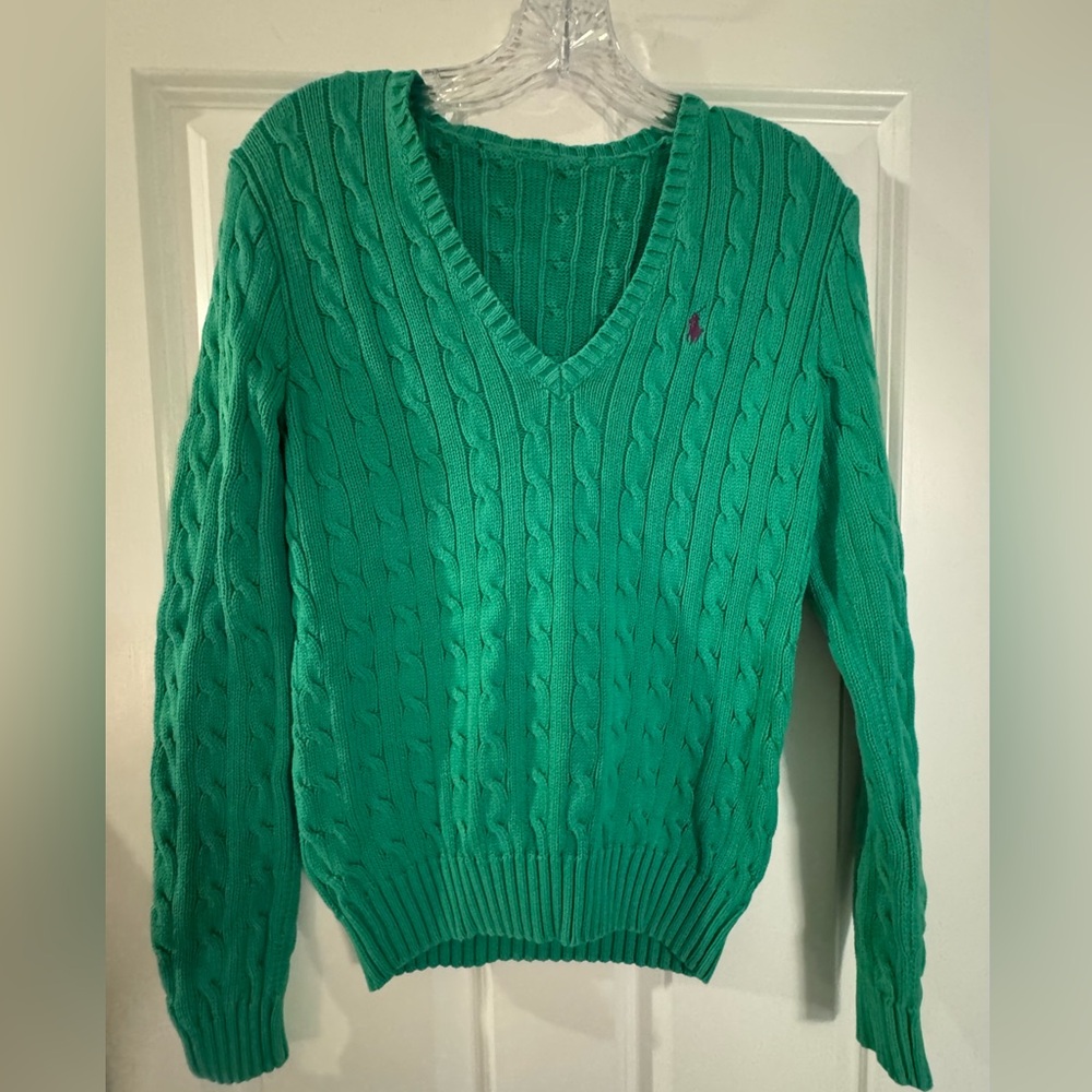 Polo Ralph Lauren Green V-Neck Cable Knit Sweater